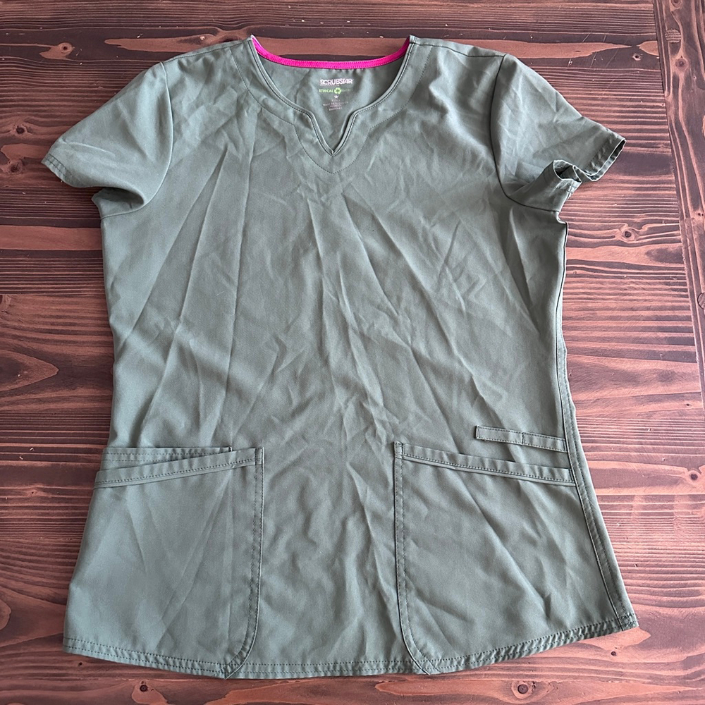 Scrubstar Womens Green Scrub Top S Pink Trim V Neck Medical Uniform